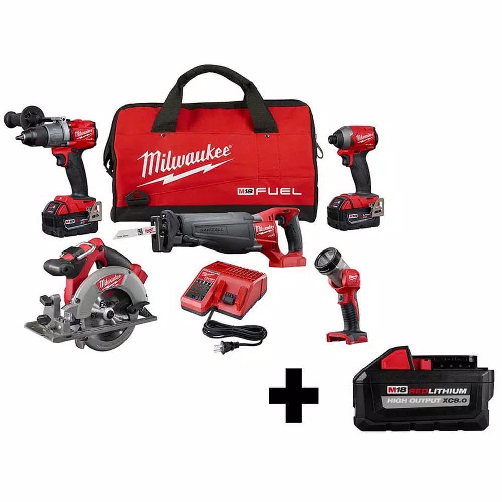 Milwaukee M18 FUEL 18V Brushless Cordless 5-Tool Combo Kit with Bonus 8.0 Ah High Output Battery