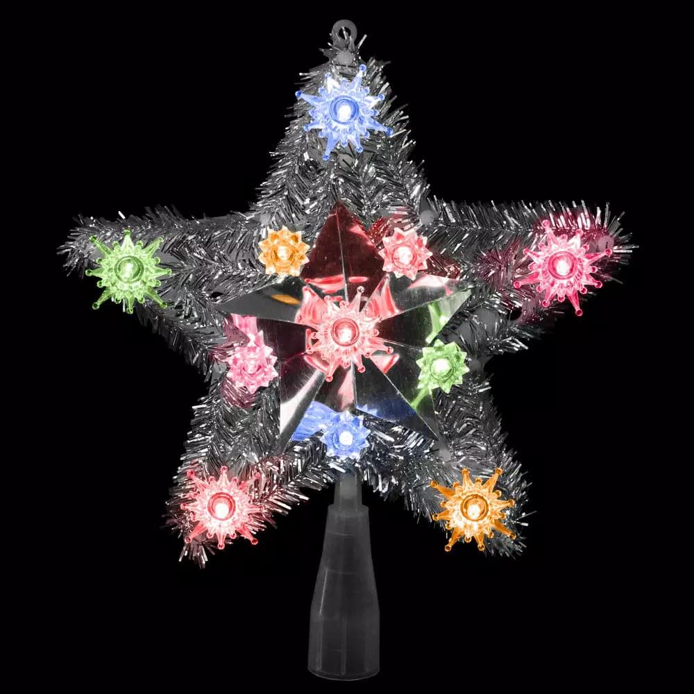 Northlight 9 in. Lighted Silver Tinsel Star Christmas Tree Topper with 11 Multi-Color Mini Lights