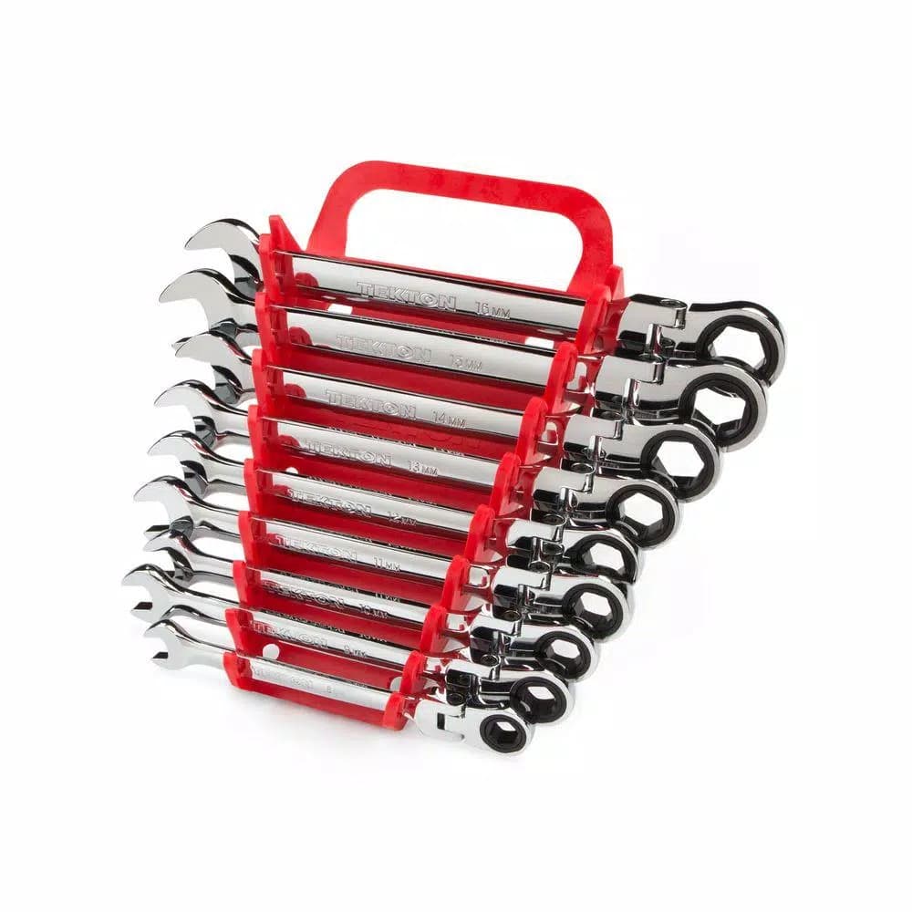 TEKTON 9-Piece Metric Flex-Head Ratcheting Combination Wrench Set, 8-16 mm