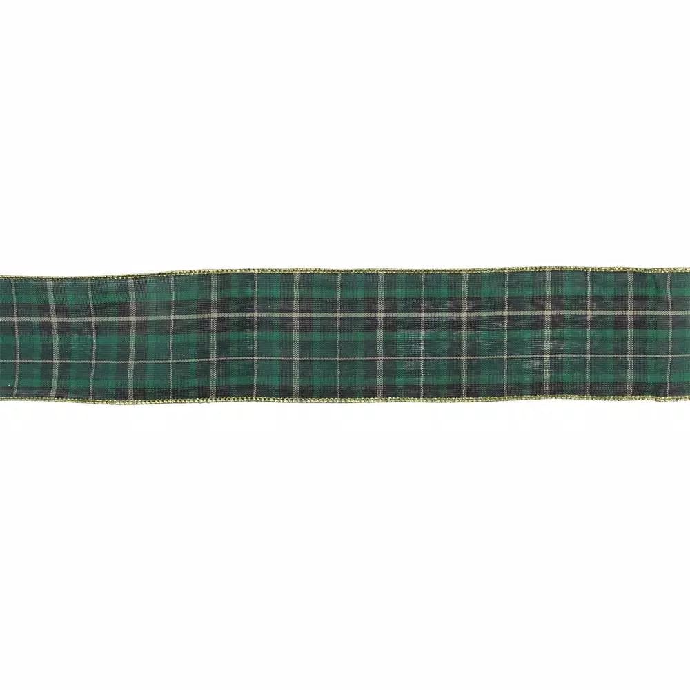 Northlight Green and Gold Plaid Wired Craft Ribbon, 2.5 in. x 16 yds.