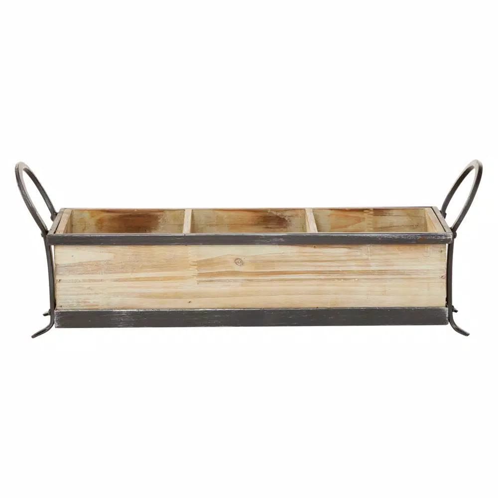 LITTON LANE Rustic Elegance 23" Wood and Iron 3-Compartment Rectangular Farmhouse Tray