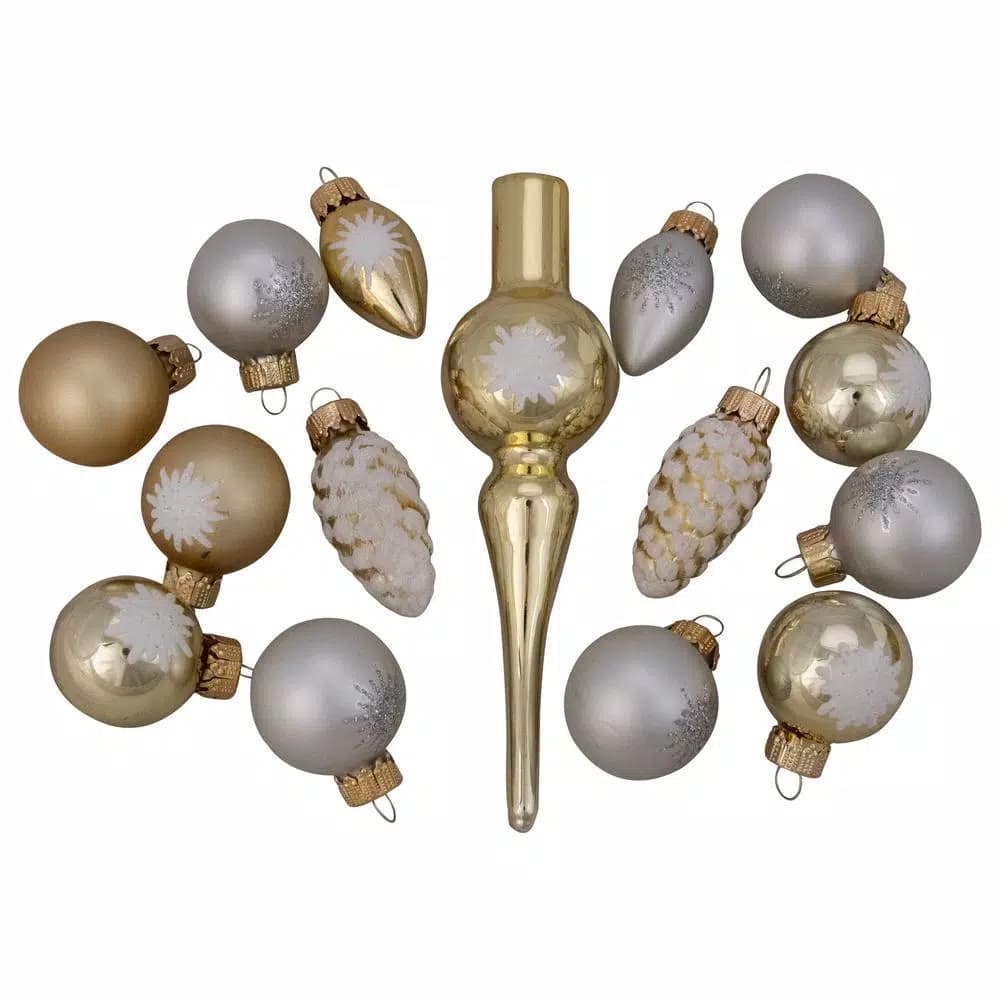 Northlight Gold and Silver Glass Christmas Ornament and Tree Topper Set, 15-Piece Shiny and Matte Collection