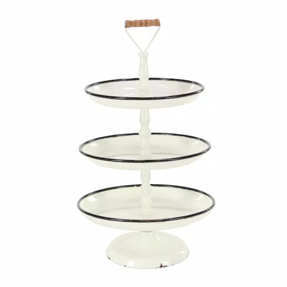 LITTON LANE Rustic Reflections 3-Tier Metal Pedestal Tray, Distressed White with Black Accents