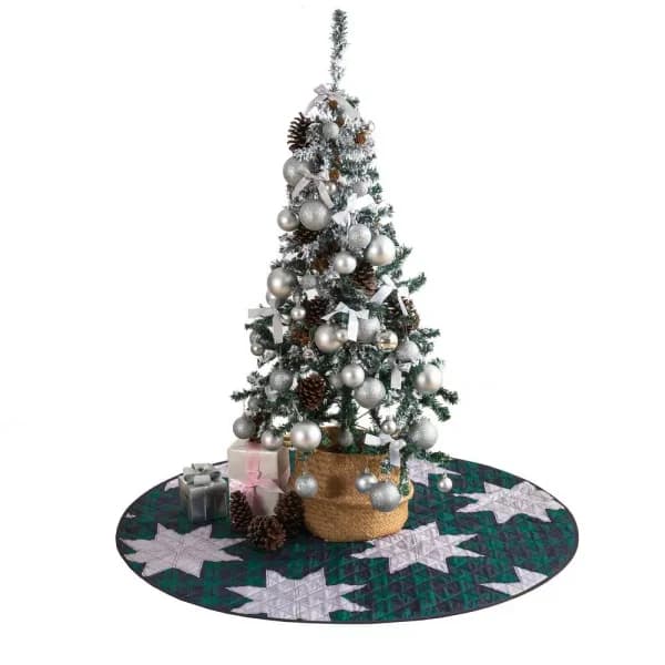 Country Living 48 in. Christmas Carol Plaid and Star Quilted Tree Skirt, Navy and Green