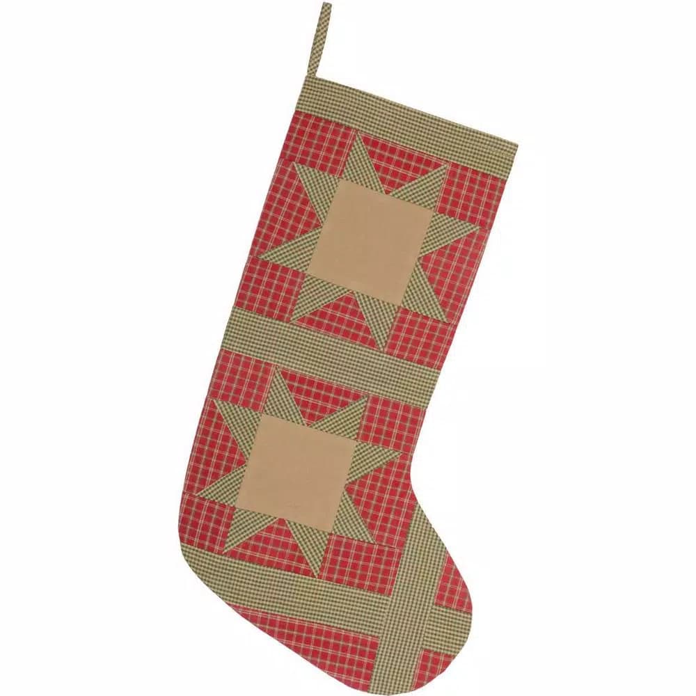VHC Brands 20 in. Red Dolly Star Primitive Christmas Patchwork Cotton Stocking