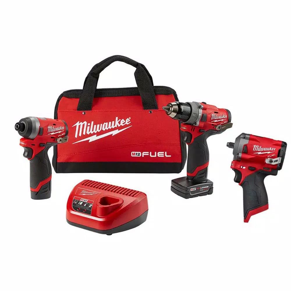 Milwaukee M12 FUEL 12V Brushless 3-Tool Combo Kit with Hammer Drill, Impact Driver, and Stubby Impact Wrench