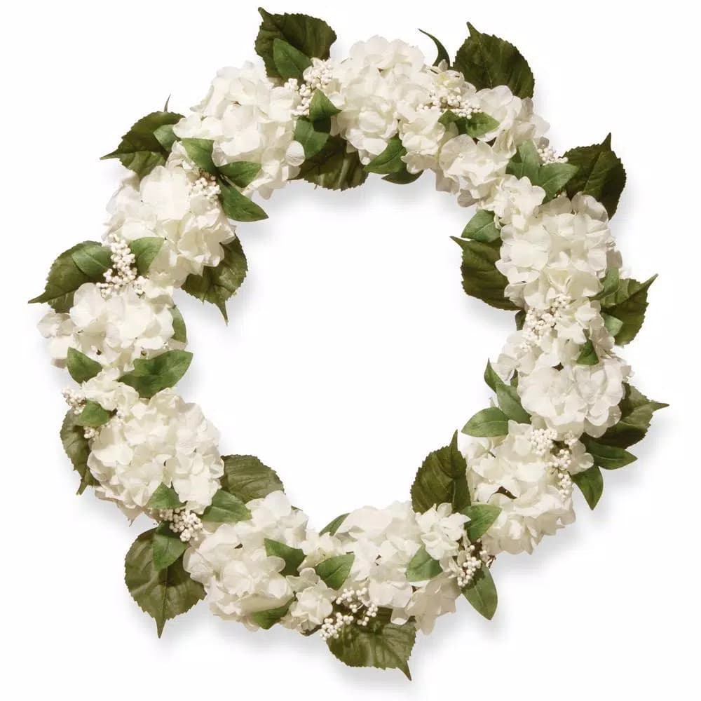National Tree Company 32 in. Cream Hydrangea Wreath with Berries and Green Leaves