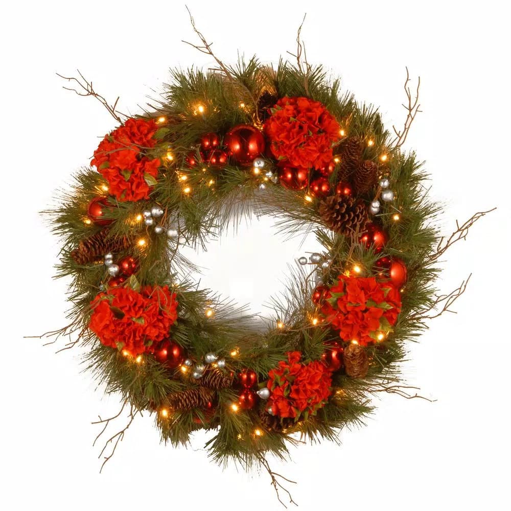 National Tree Company 24 in. Red Hydrangea Artificial Wreath with 50 Warm White LED Lights