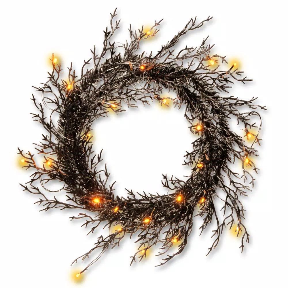 National Tree Company 26 in. Black Glittered Halloween Wreath with 25 Orange LED Lights