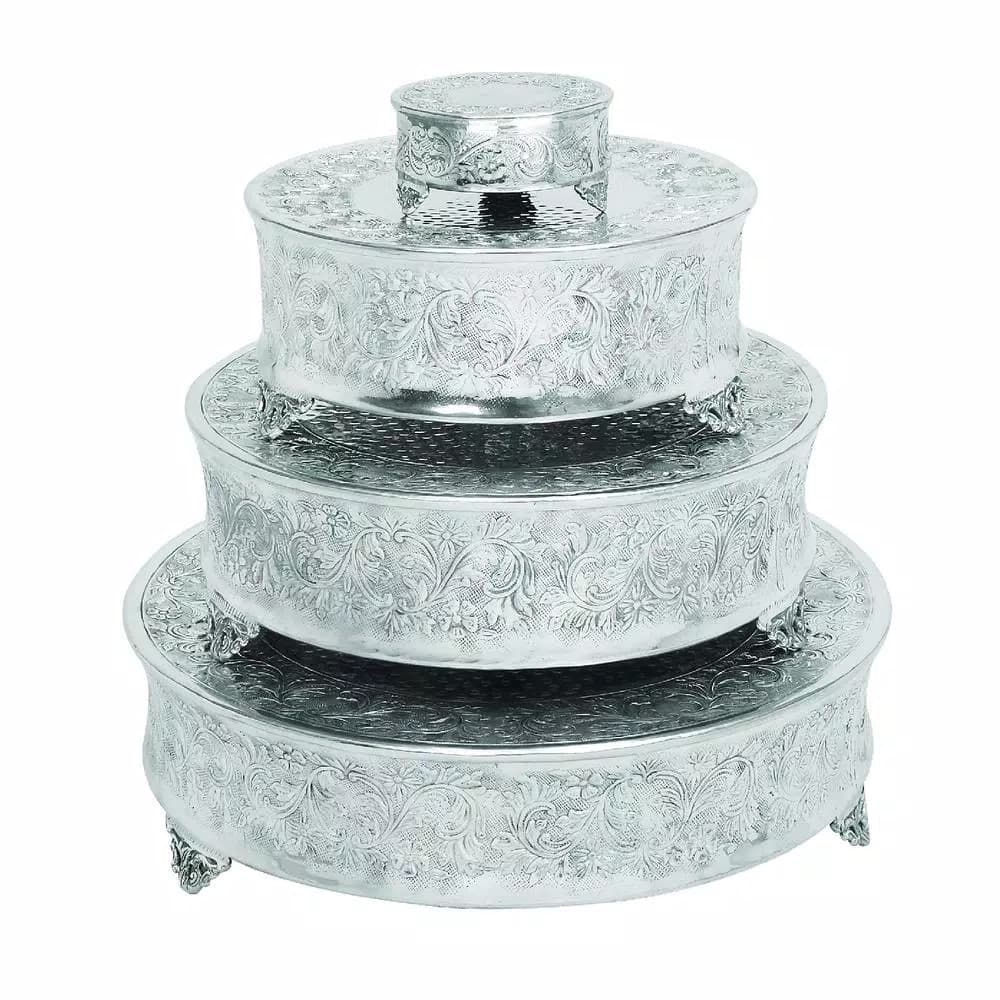 LITTON LANE Silver Aluminum Round Cake Stand Set of 4 with Floral Vine Design