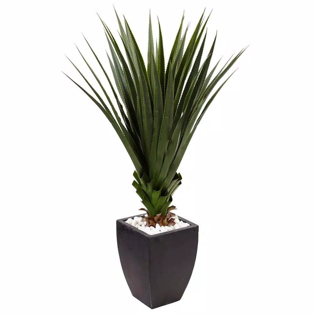 Nearly Natural 4.5 ft. Artificial Spiked Agave Plant in Black Ceramic Planter with White River Rocks