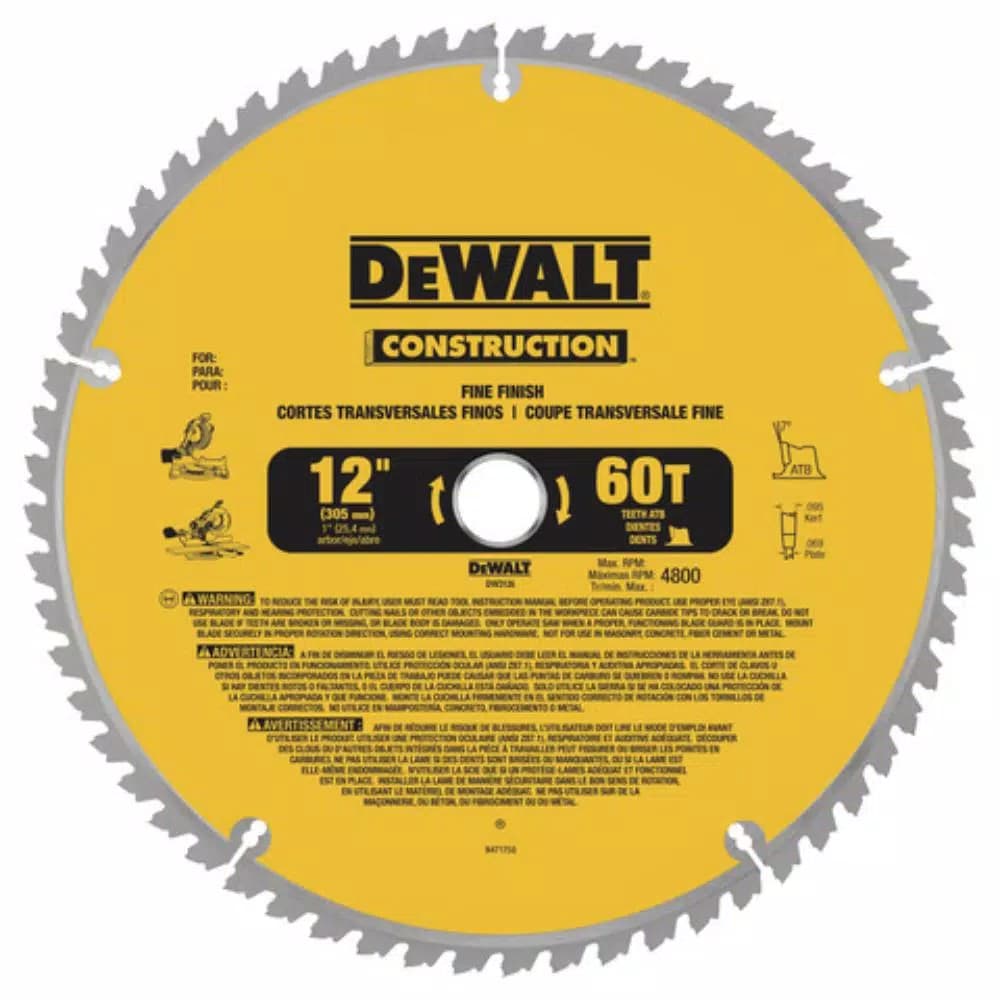 DEWALT 12 in. 60T Fine Finish Circular Saw Blade, 1 in. Arbor