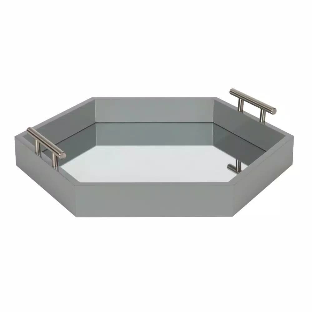 Kate and Laurel Lipton Gray Hexagon Decorative Tray with Mirrored Base and Polished Metal Handles