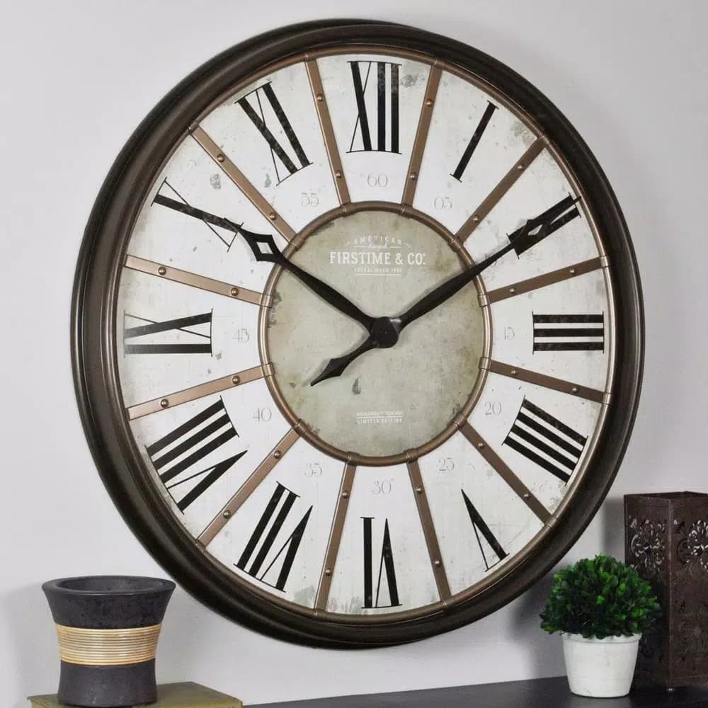 FirsTime 29 in. Roman Oil Rubbed Bronze Wall Clock, Oversized Industrial Style