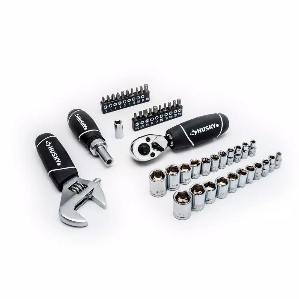 Husky 46-Piece Stubby Ratchet and Socket Set with 1/4 in. and 3/8 in. Dual Drive Ratchet
