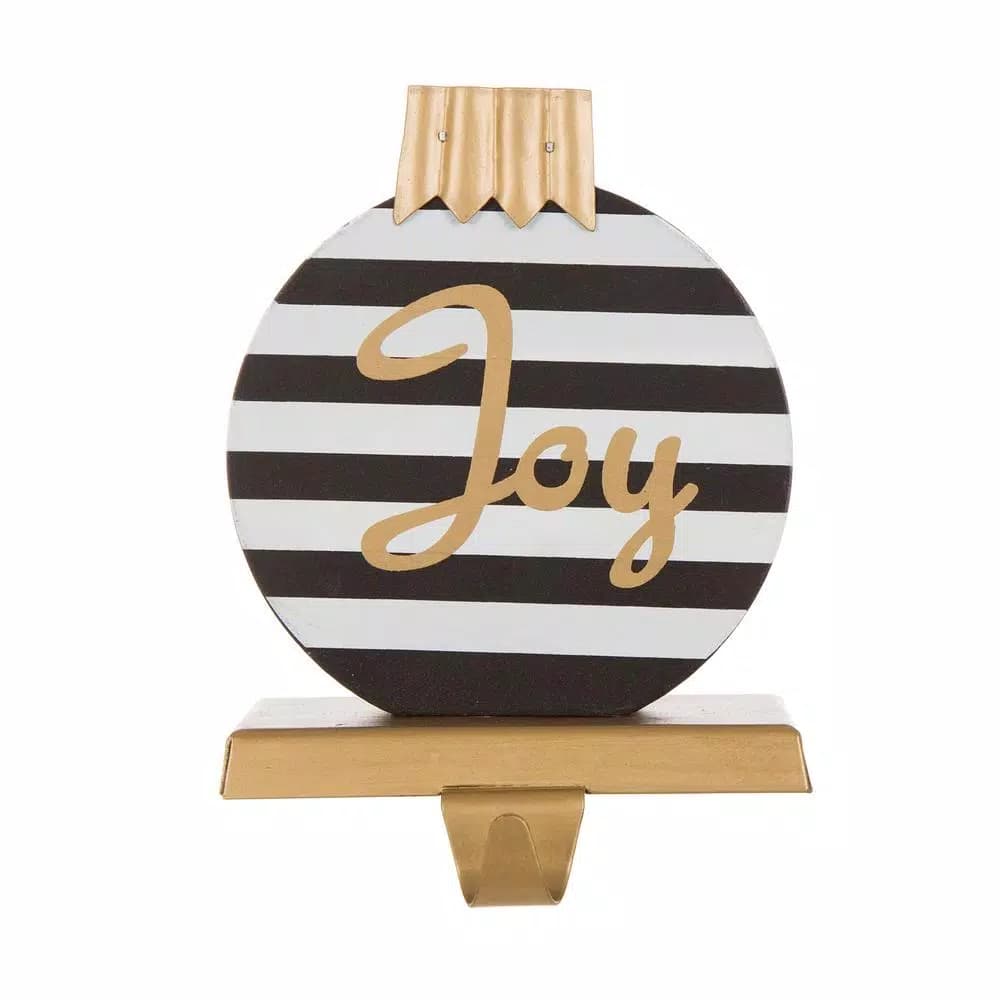 Glitzhome 6.89 in. Striped Wooden and Metal Stocking Holder with Joy Design