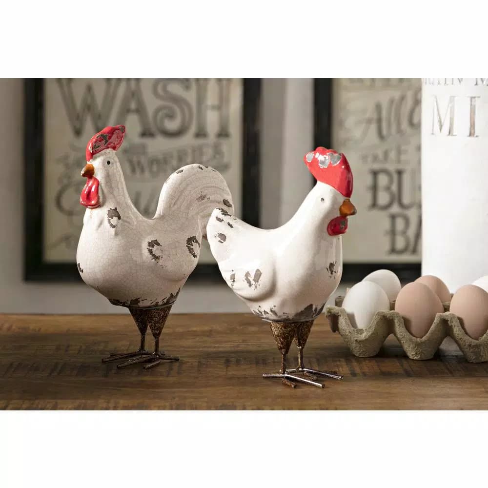 Unbranded Quinn Roosters Set of 2 - White Distressed Ceramic Farmhouse Decor