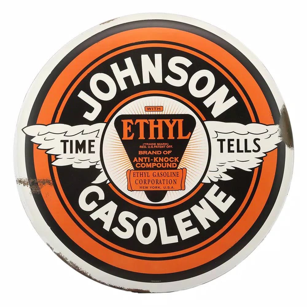 Unbranded Johnson Gasolene Time Tells Rustic Tin Button Decorative Sign, 24 in.