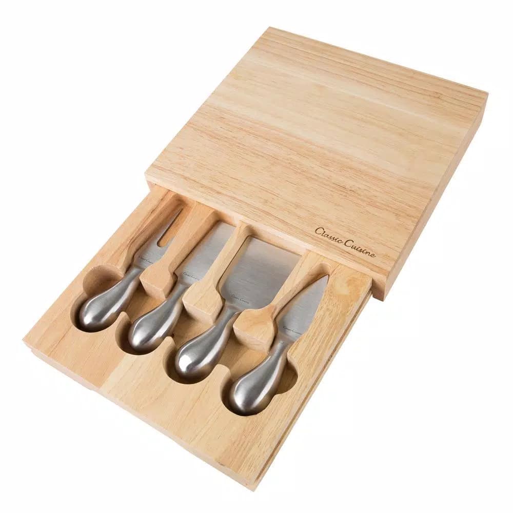 Classic Cuisine 5-Piece Wooden Cheese Board Set with Stainless Steel Tools
