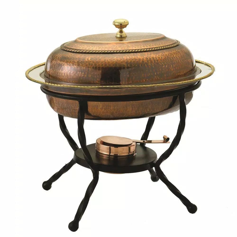Old Dutch 6 Qt. Oval Antique Copper over Stainless Steel Chafing Dish with Wrought Iron Stand