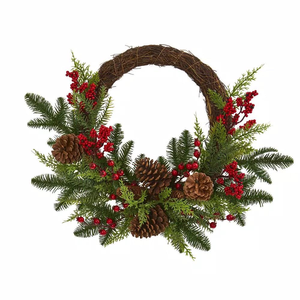 Nearly Natural 22in. Mixed Pine and Cedar Artificial Wreath with Berries and Pine Cones