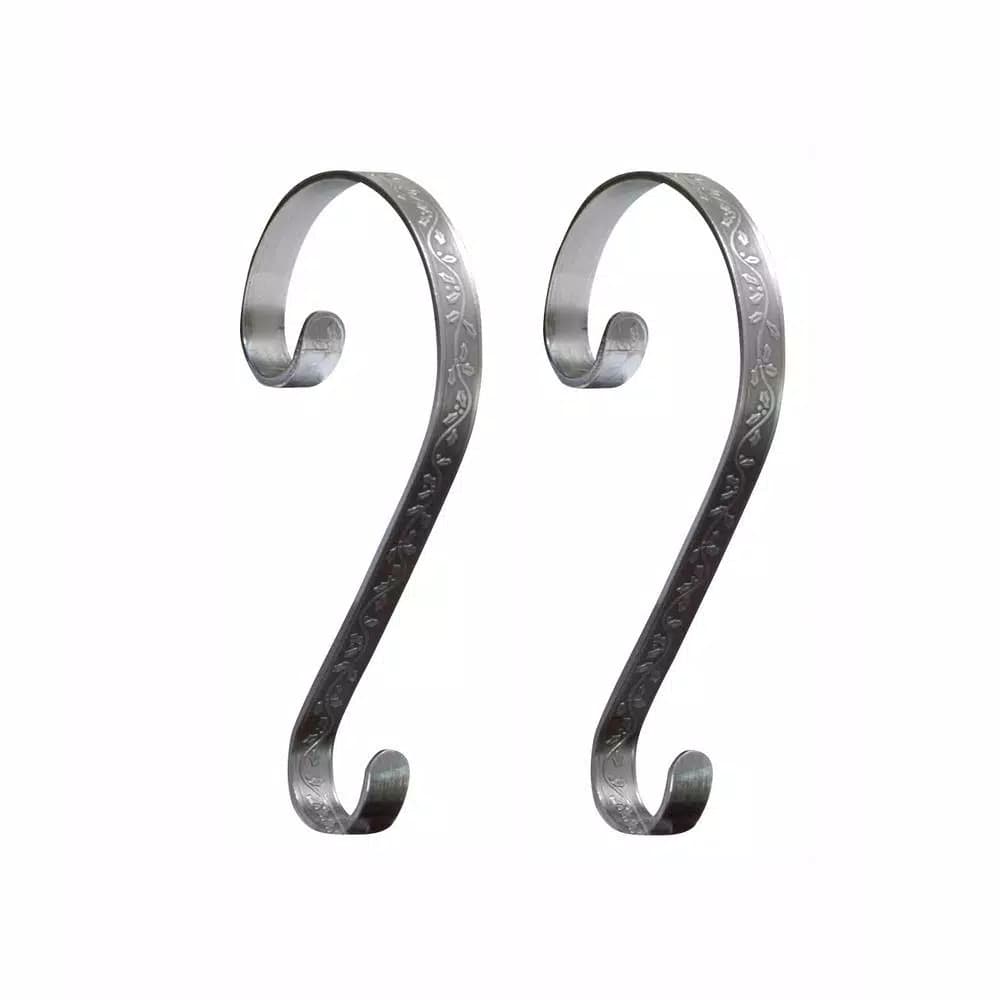 Haute Decor Pewter Holly Embossed Stocking Holders, Scroll Design (2-Pack)