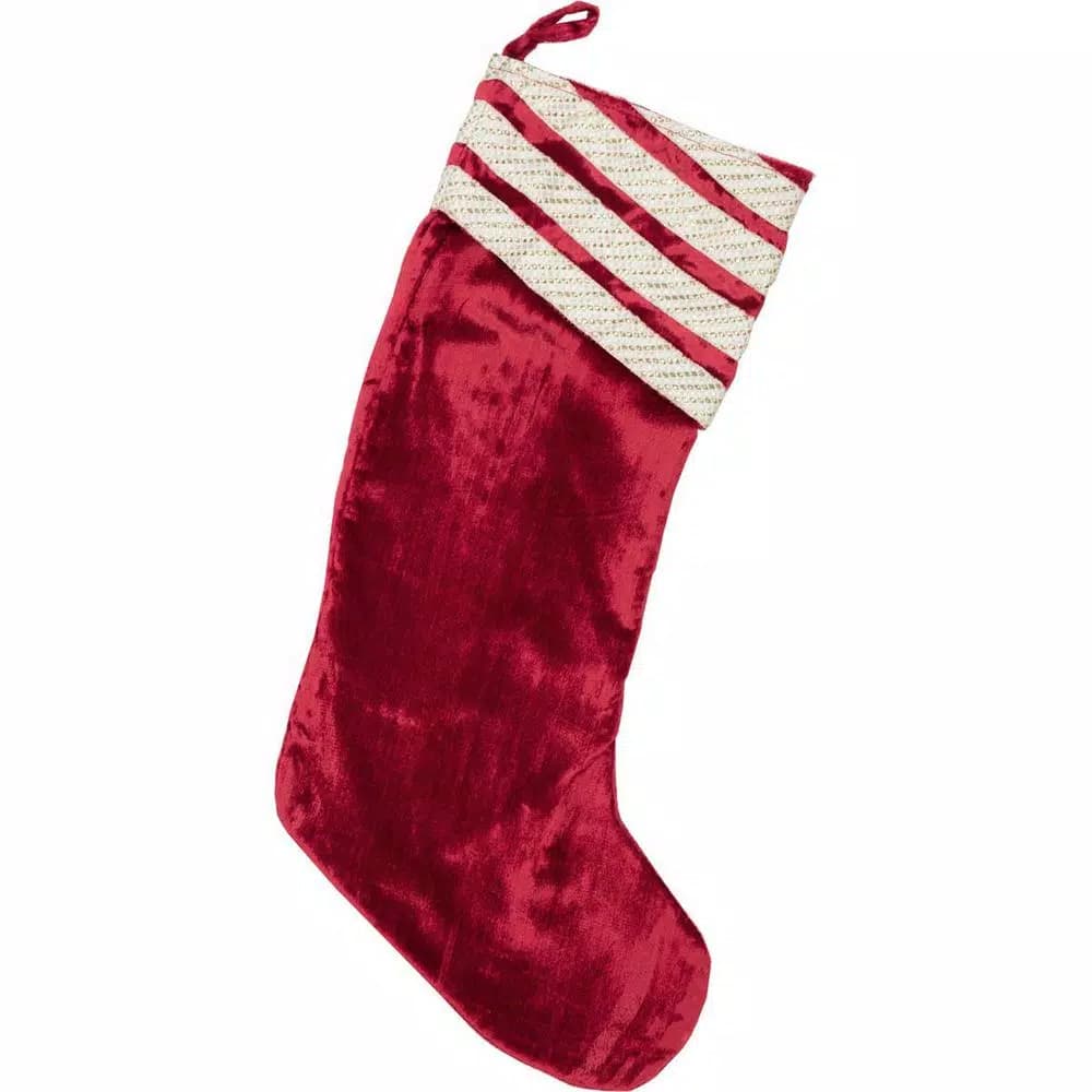 VHC Brands 20 in. Red Memories Glam Christmas Stocking with Gold Ribbon Embellishments