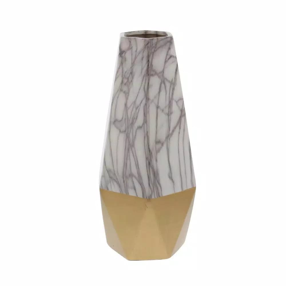 CosmoLiving by Cosmopolitan 14 in. Ceramic Gold and White Marble Glaze Modern Table Vase