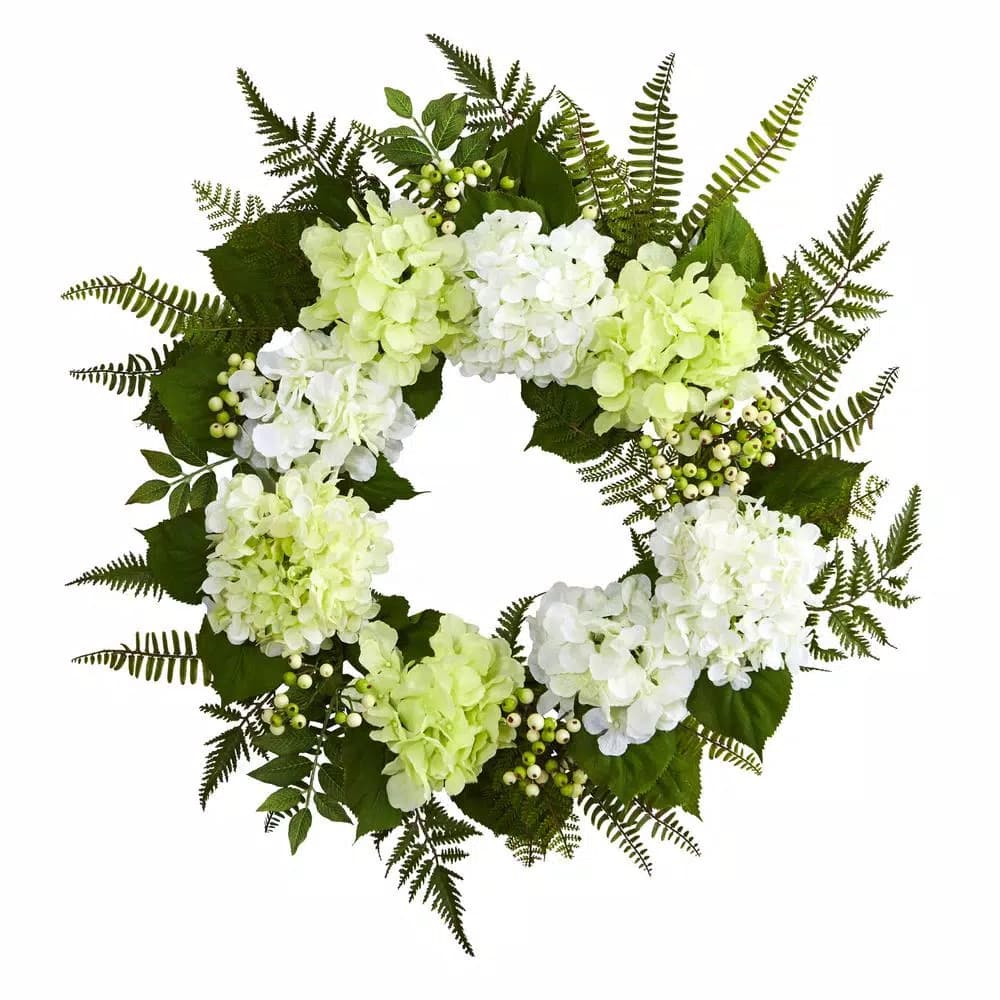 Nearly Natural 24 in. Artificial White Hydrangea and Green Berry Wreath