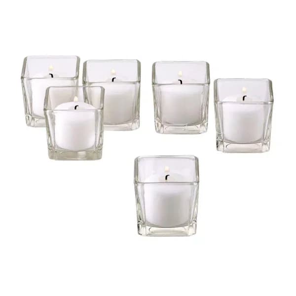 Light In The Dark Clear Glass Square Votive Candle Holders with White Unscented Paraffin Candles, Set of 12