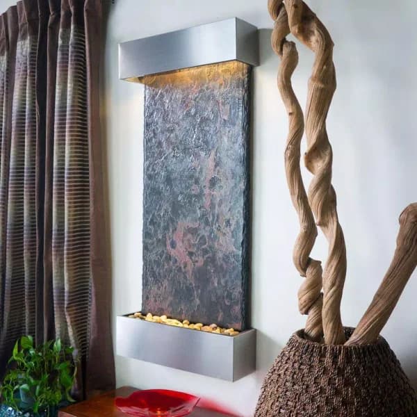 Water Wonders Large Nojoqui Falls Lightweight Slate Wall Fountain with Stainless Steel Trim and LED Lighting