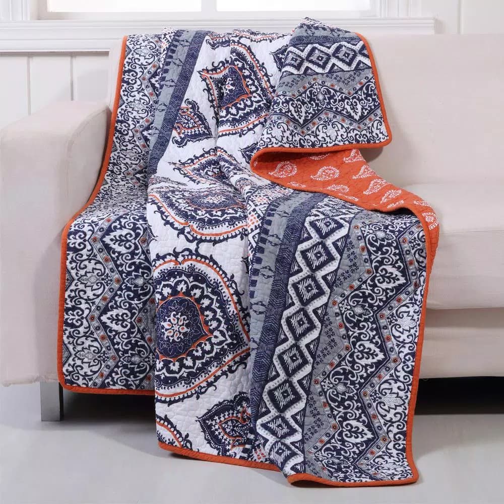 Greenland Home Fashions Medina Saffron Quilted Cotton Throw, Reversible Geometric Medallion Print