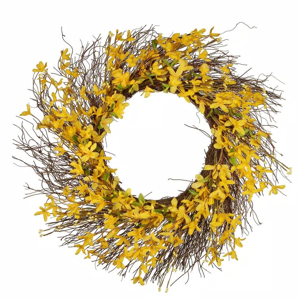 National Tree Company 24 in. Yellow Forsythia Spring Wreath with Bristle Twigs and Woven Branch Ring