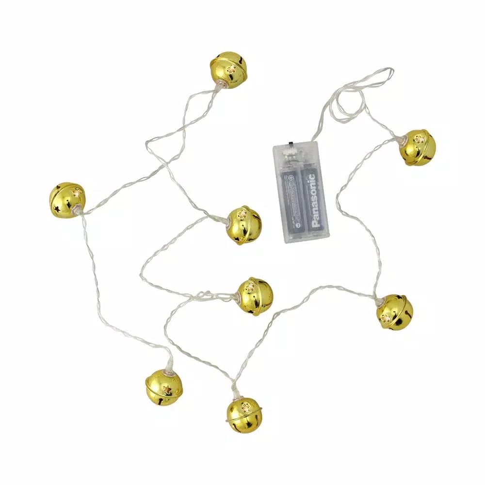 Northlight Gold LED Jingle Bell Christmas String Lights with Star Cut-Outs - 8 Bulbs, Battery Operated