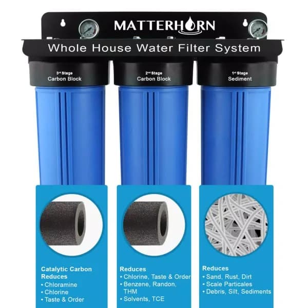 Matterhorn 3-Stage Whole House Water Filtration System - Removes Chlorine, Chloramine & Sediment
