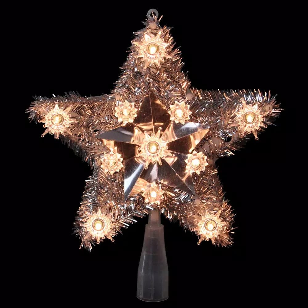 Northlight 9 in. Lighted Silver Tinsel Star Christmas Tree Topper with 11 Clear Mini Lights