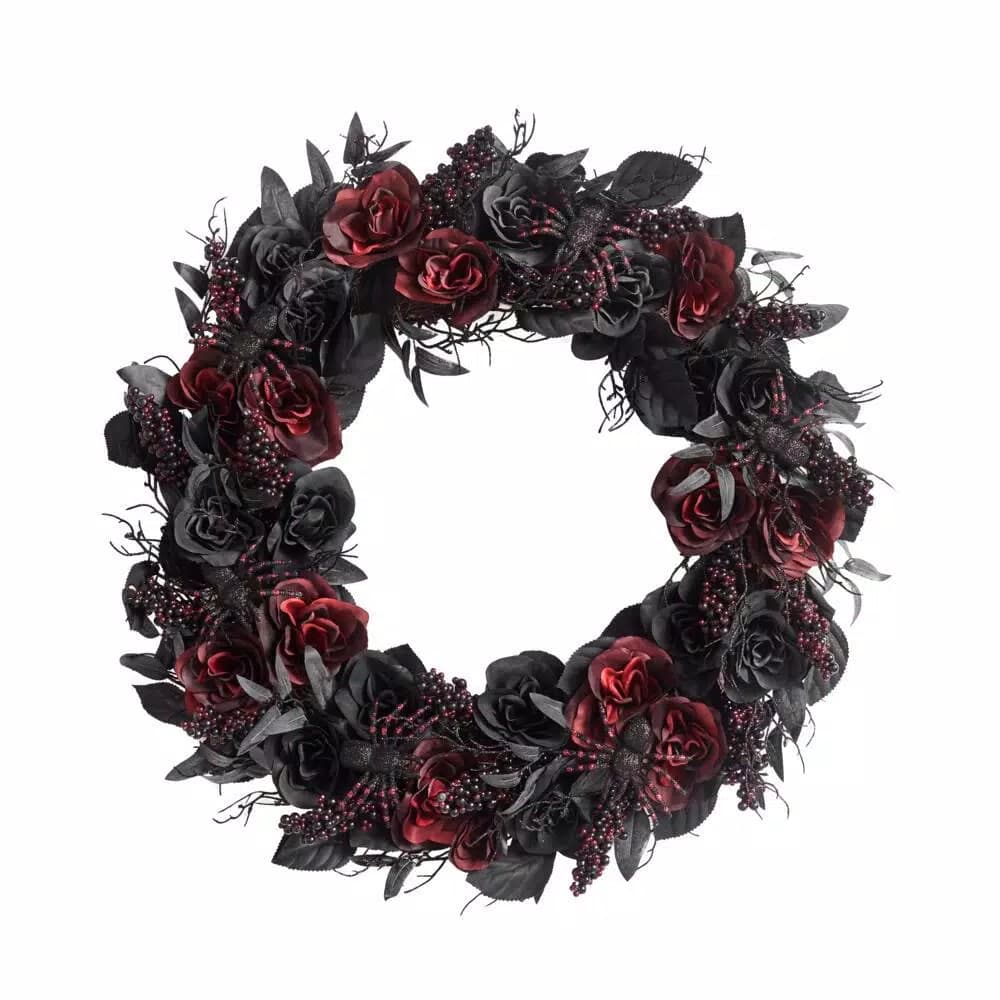 Home Accents Holiday 30 in. Black and Burgundy Artificial Rose Halloween Wreath