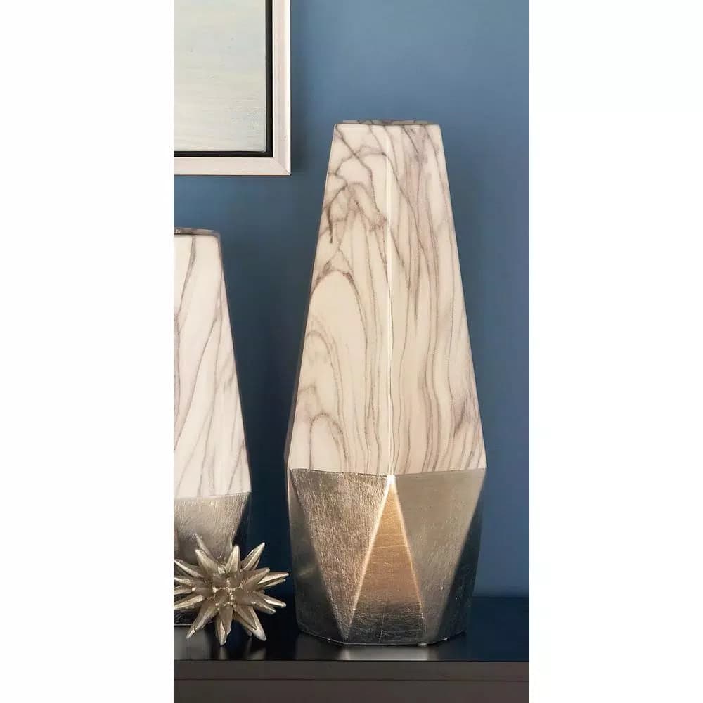 LITTON LANE Modern Reflections 18 in. Ceramic Geometric Vase - White and Silver Marbled Finish