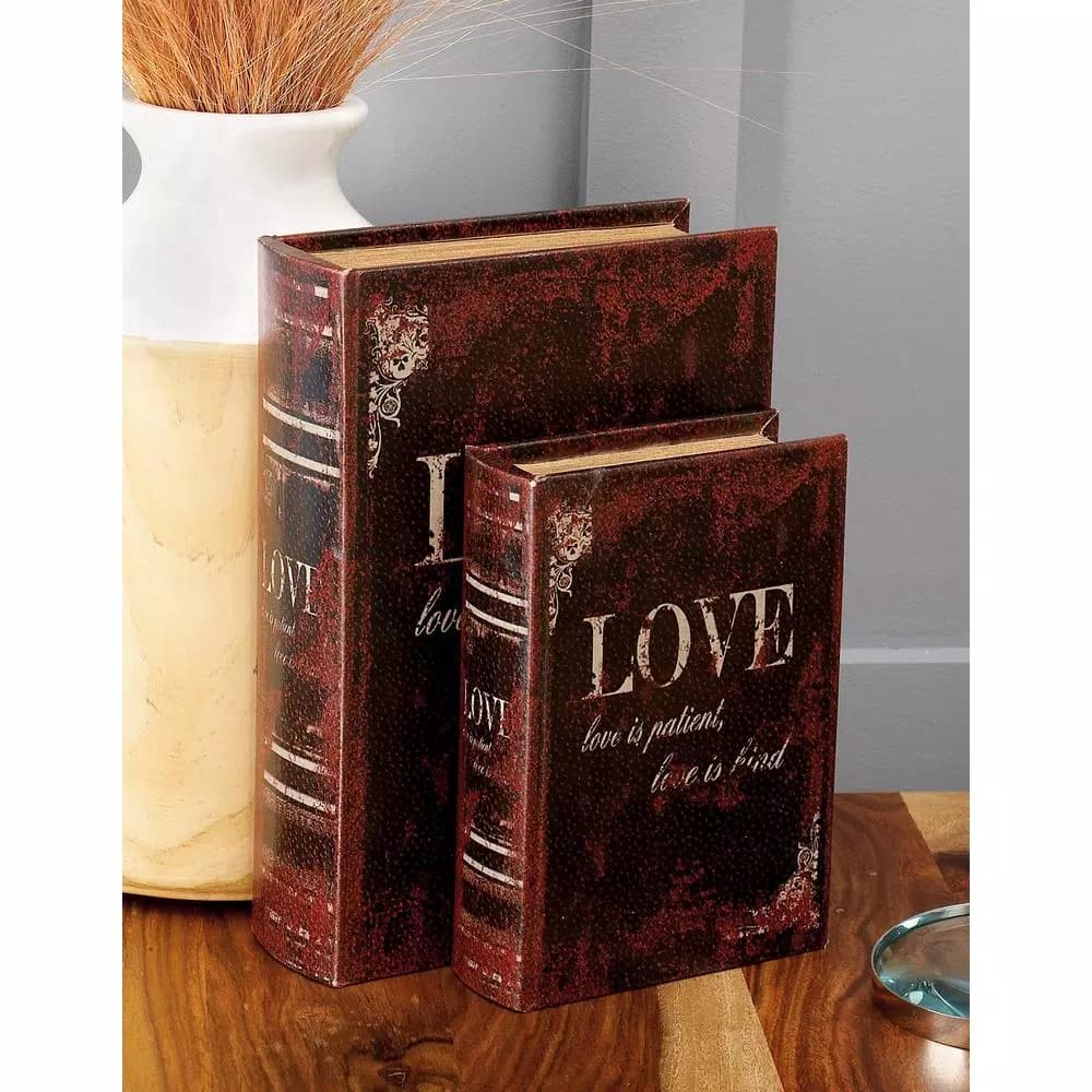 LITTON LANE Vintage Rectangular Wood and Faux Leather Love Book Boxes, Set of 3