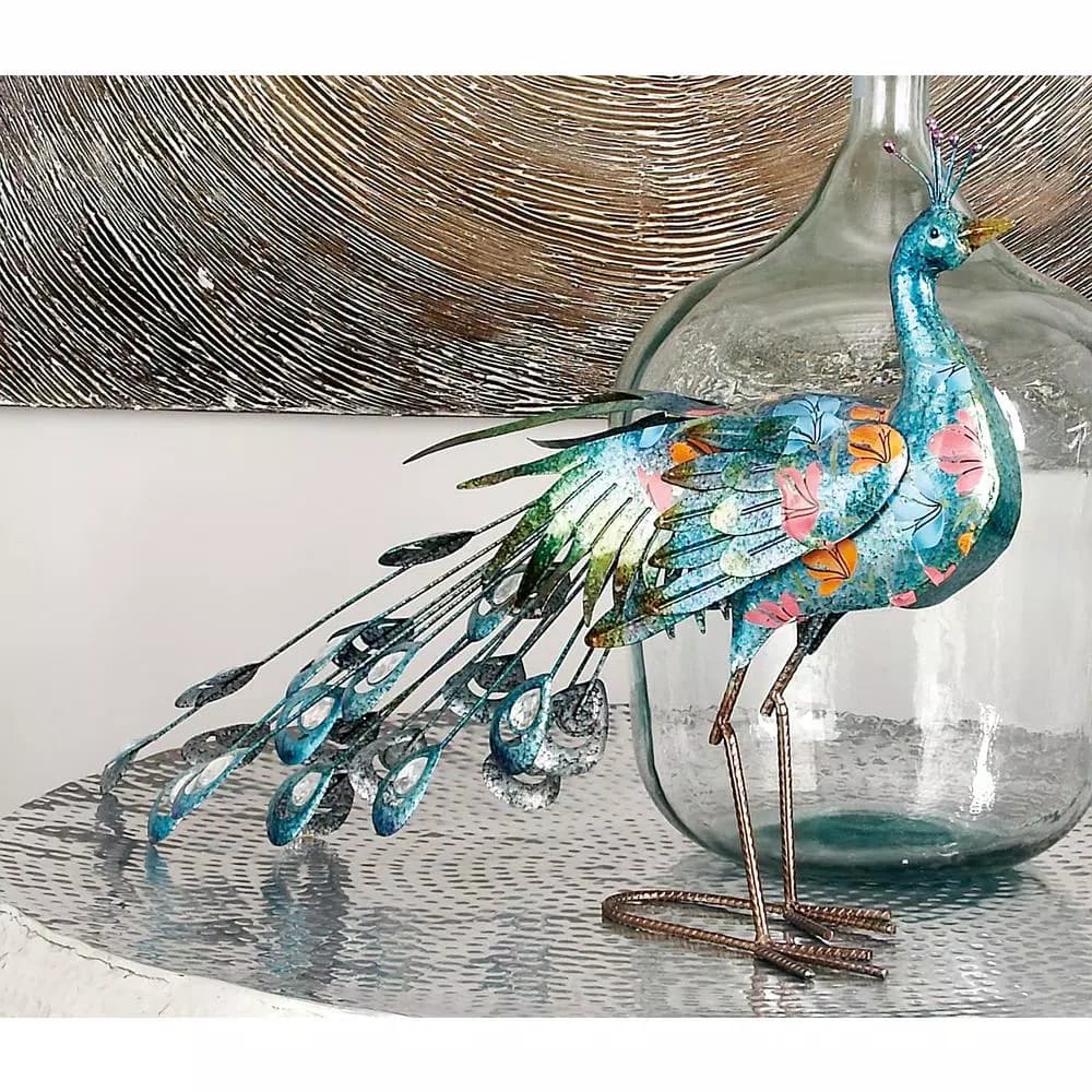 LITTON LANE Floral Peacock Iron Sculpture - Turquoise & Multicolored Bohemian Statuary