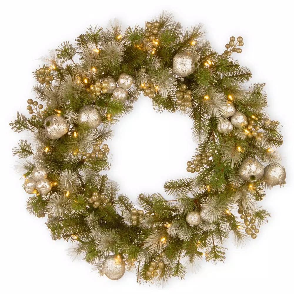 National Tree Company 30 in. Glittery Pomegranate and Pine LED Lighted Wreath with Gold Berries