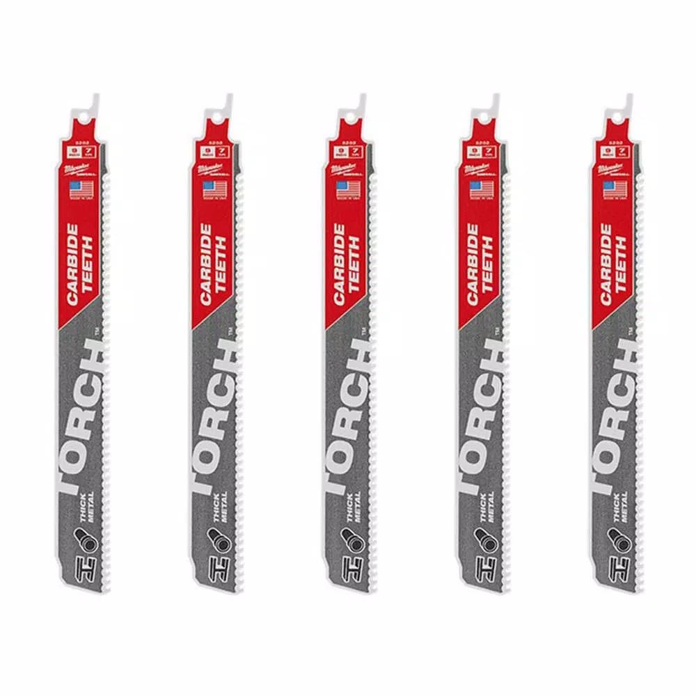 Milwaukee TORCH 9 in. 7 TPI Carbide Teeth Reciprocating Saw Blades for Thick Metal Cutting (5 Pack)