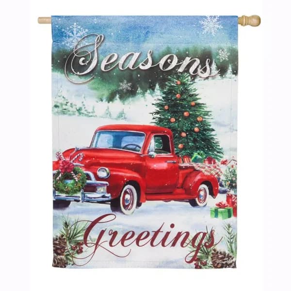 Evergreen Christmas Farm Pickup House Suede Flag, 28 in. x 44 in. Double-Sided Indoor/Outdoor Holiday Decor