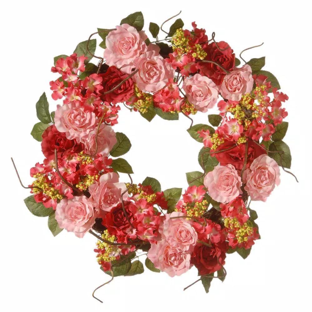 National Tree Company 24 in. Pink Mix Rose Wreath with Red Blooms and Yellow Berries