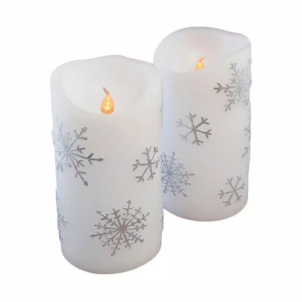 LUMABASE 6 in. Silver Snowflake Flameless LED Pillar Candles, Set of 2