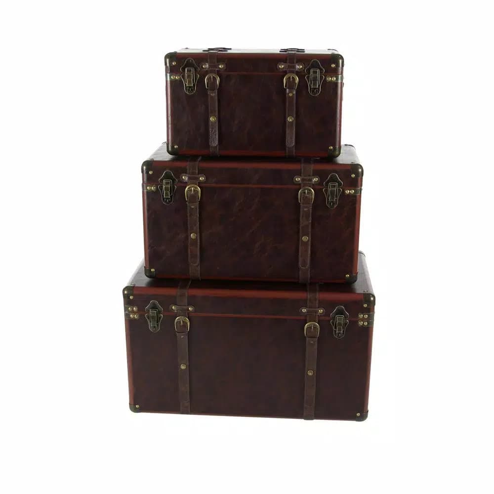 LITTON LANE Globetrotter Wood and Matte Brown Leather Decorative Trunk Set of 3