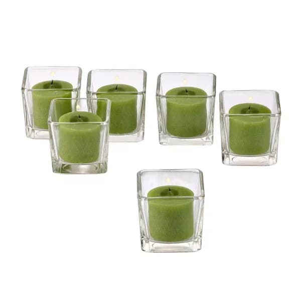Light In The Dark Clear Glass Square Votive Candle Holders with Lime Green Votive Candles, Set of 12