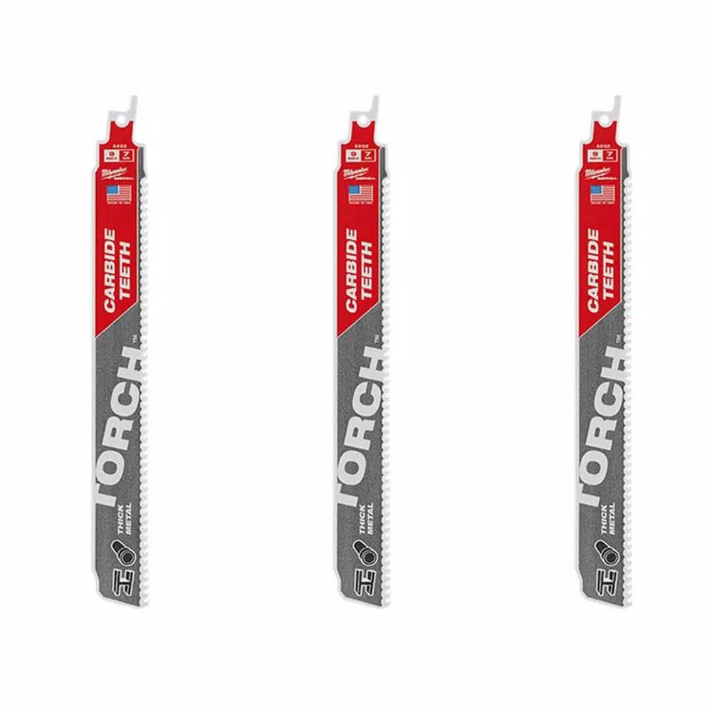 Milwaukee TORCH 9 in. Carbide Teeth Reciprocating Saw Blades, 7 TPI for Thick Metal Cutting (3 Pack)