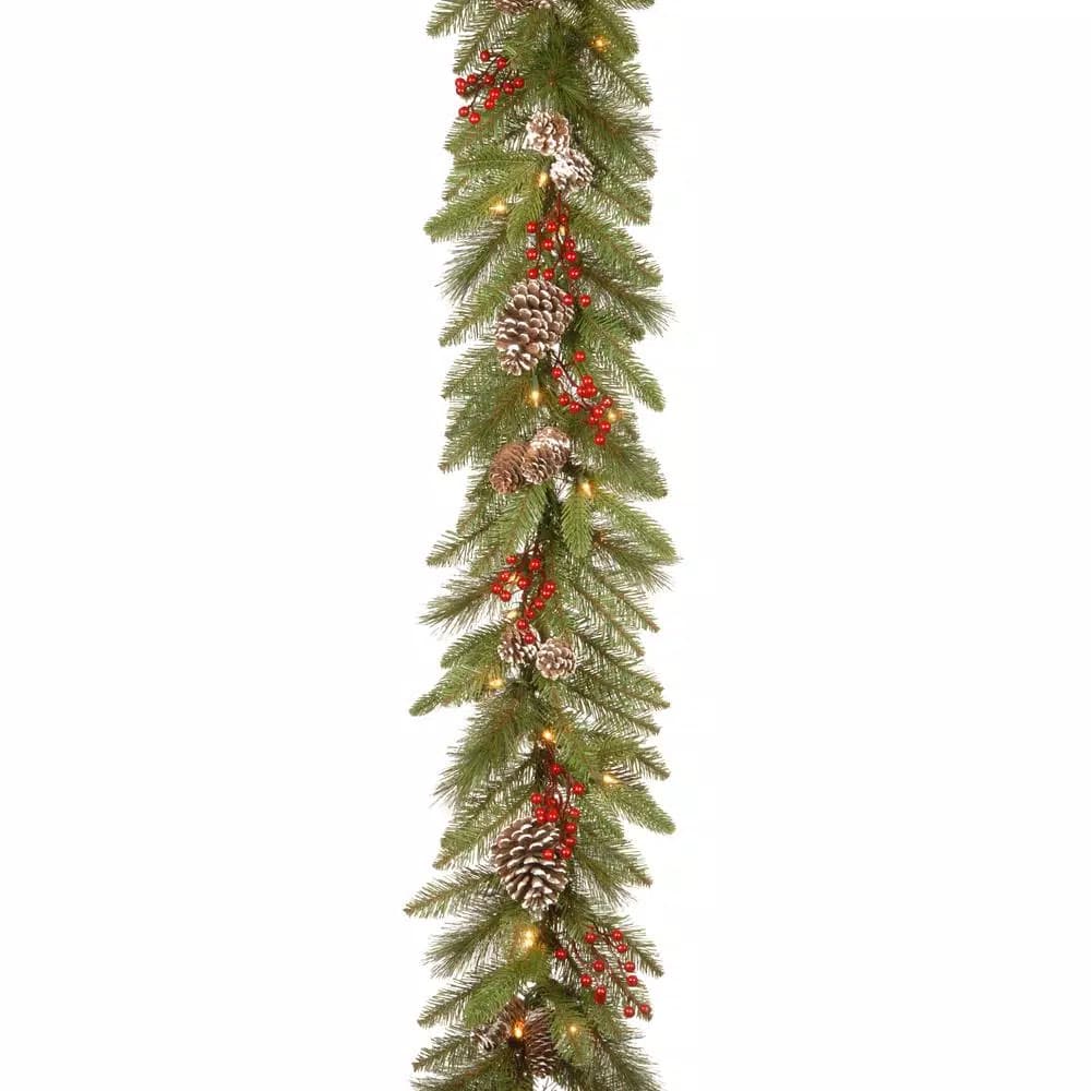 National Tree Company 9 ft. Feel Real Bristle Berry Pre-Lit Garland with Red Berries and Pine Cones, 50 Clear Lights