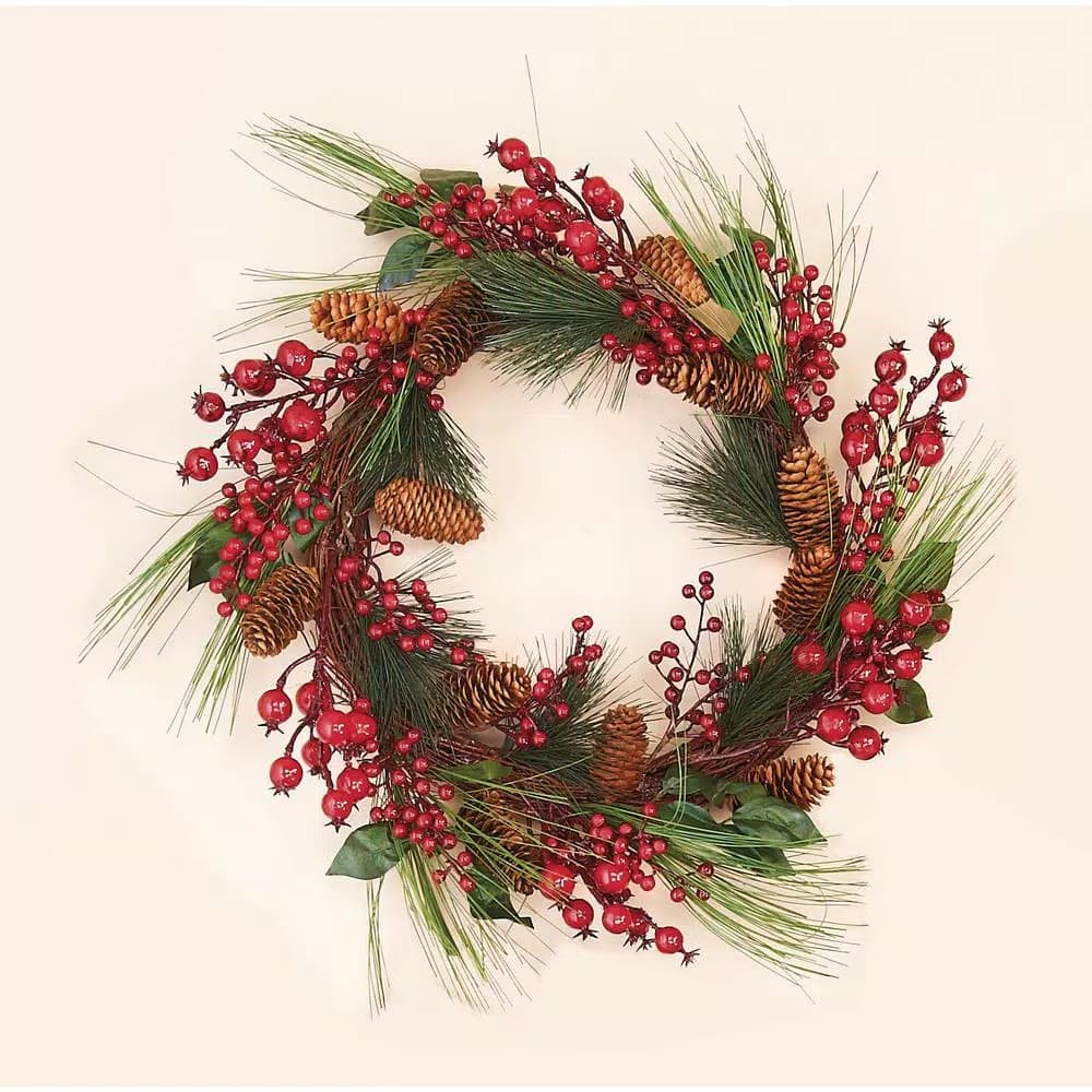 Unbranded 20 in. Mixed Berry and Pine Weatherproof Wreath, Traditional Artificial Holiday Decor
